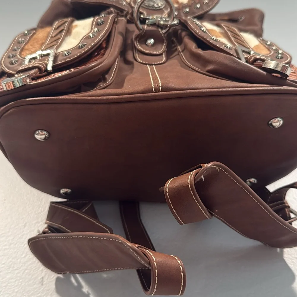 Cream and Brown Genuine Cowhide Leather Western Backpack with Rustic Charm